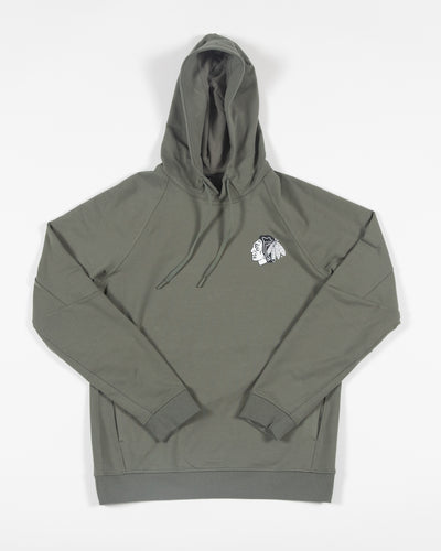 green lululemon hoodie with Chicago Blackhawks tonal primary logo on front left chest - front lay flat