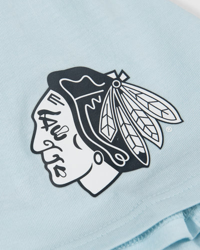 light blue lululemon short sleeve tee with tonal Chicago Blackhawks primary logo on left shoulder - detail lay flat