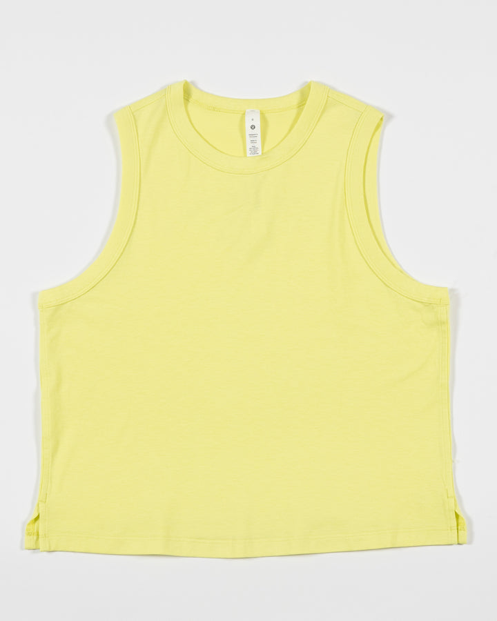 yellow lululemon tank top with Chicago Blackhawks logo on back - front lay flat