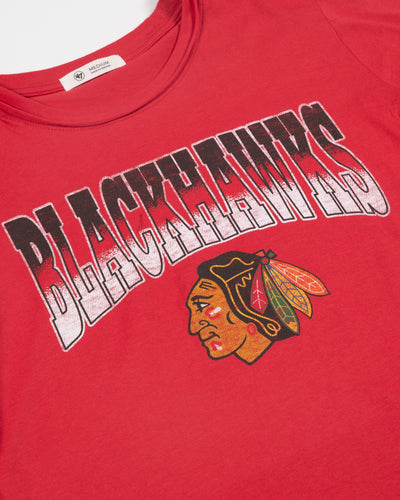 red '47 brand women's tee with Chicago Blackhawks primary logo and word mark on front - detail lay flat