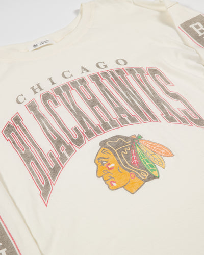 '47 brand white long sleeve tee with Chicago Blackhawks branding on sleeves and center chest - detail lay flat