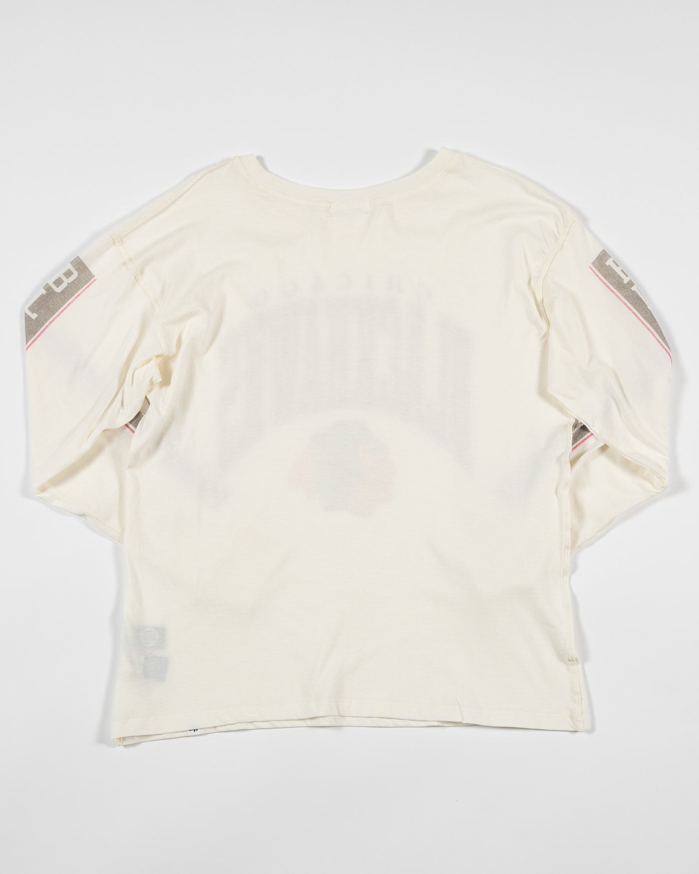 '47 brand white long sleeve tee with Chicago Blackhawks branding on sleeves and center chest - back lay flat