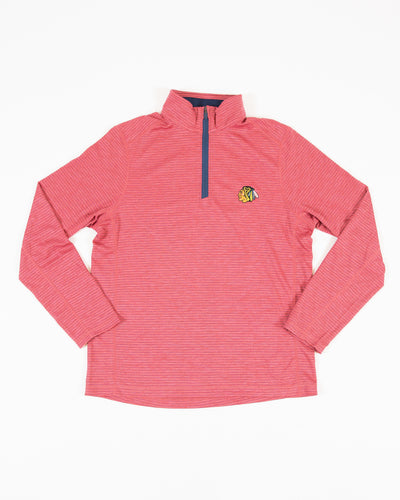 TravisMathew red 1/4 zip long sleeve with embroidered primary logo on left chest - front flat lay