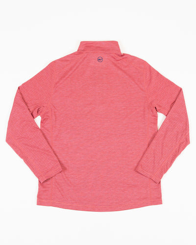 TravisMathew red 1/4 zip long sleeve with embroidered primary logo on left chest - back flat lay