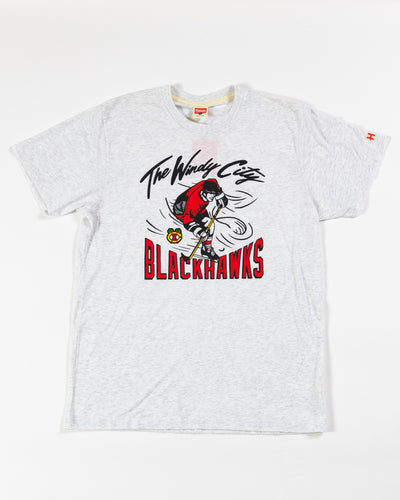 Grey Homage tee with 90s inspired graphic of player across front with The Windy City Blackhawks wordmark graphic - front lay flat view