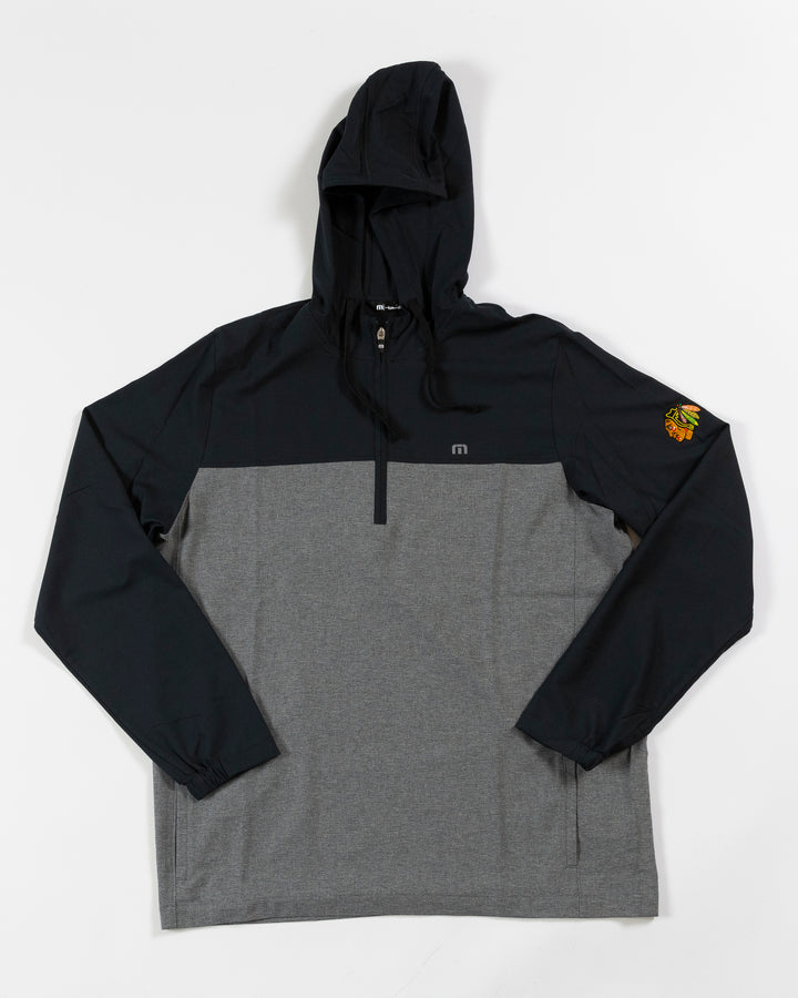 TravisMathew Chicago Blackhawks black and grey quarter zip hoodie with primary logo - lay flat