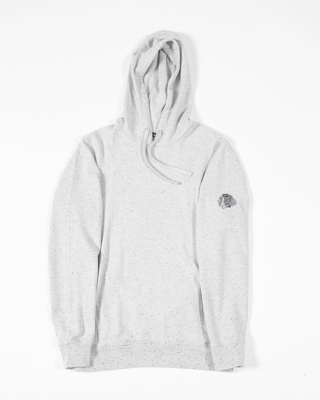 light grey TravisMathew waffle knit hoodie with tonal Chicago Blackhawks primary logo embroidered on left shoulder - front lay flat