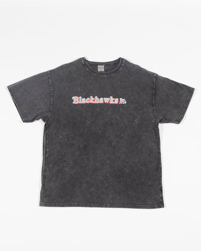 grey chicka-d vintage inspired band tee with Chicago Blackhawks wordmark graphic across chest - front lay flat