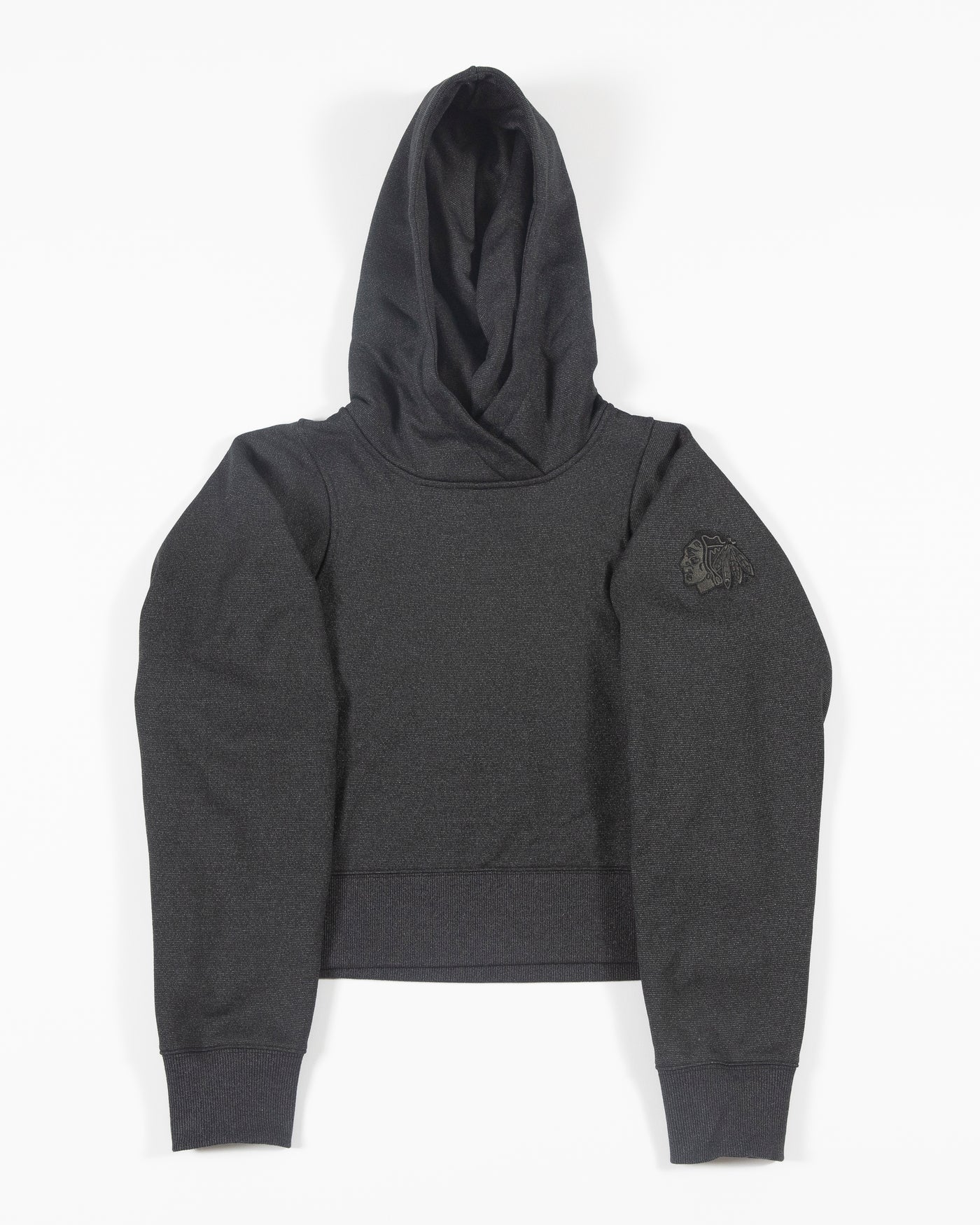 black cropped lululemon hoodie with tonal Chicago Blackhawks primary logo embroidered on left shoulder - front lay flat
