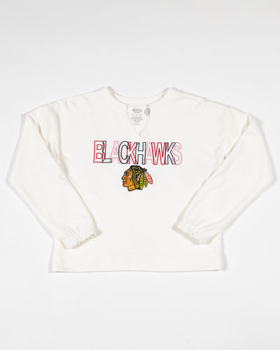 white Concept Sports split neckline sweatshirt with embroidered Chicago Blackhawks wordmark and primary logo - front lay flat