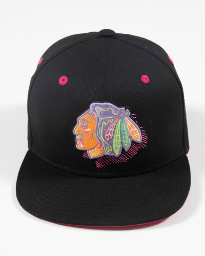 black Outerstuff youth neon snapback with Chicago Blackhawks primary logo on front - front lay flat