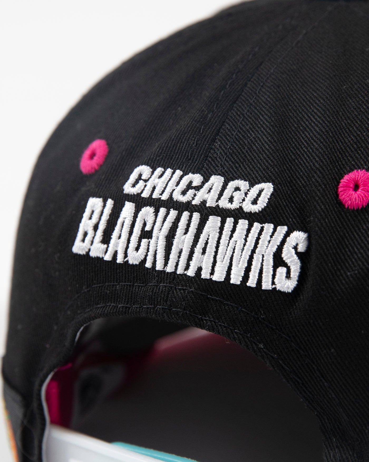 black Outerstuff youth neon snapback with Chicago Blackhawks primary logo on front - alt detail lay flat
