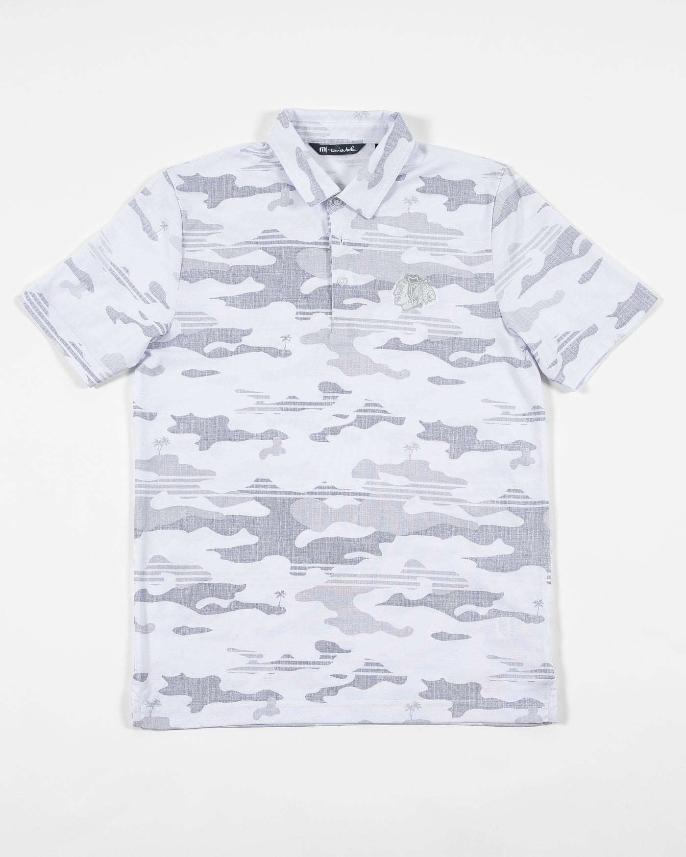 white camo TravisMathew polo with Chicago Blackhawks primary logo embroidered on left chest - front lay flat