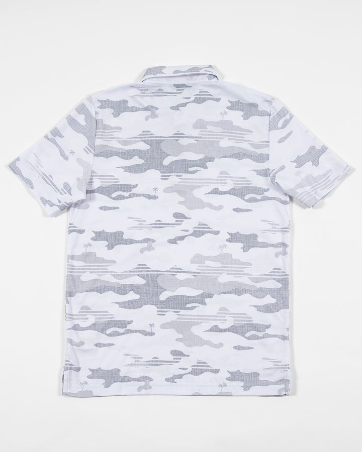 white camo TravisMathew polo with Chicago Blackhawks primary logo embroidered on left chest - back lay flat