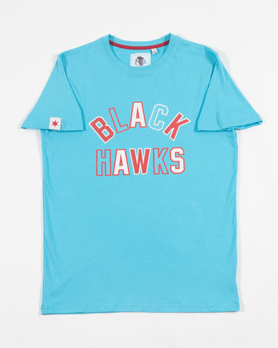 Sport Design Sweden blue tee with Chicago Blackhawks wordmark graphic in raised lettering across chest - front lay flat