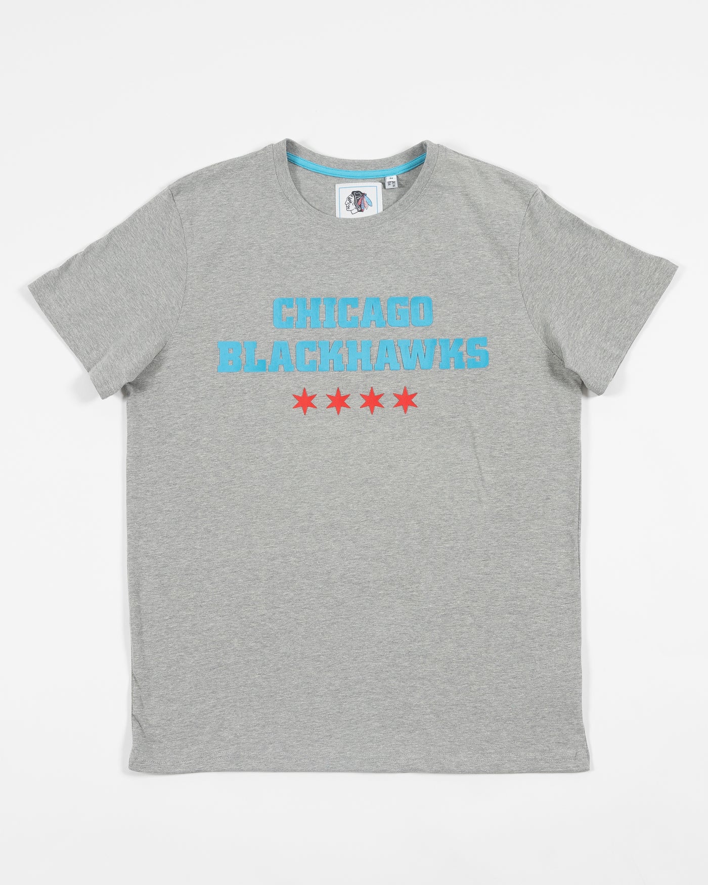 grey Sport Design Sweden short sleeve tee with raised Chicago Blackhawks word graphic above four Chicago stars - front lay flat