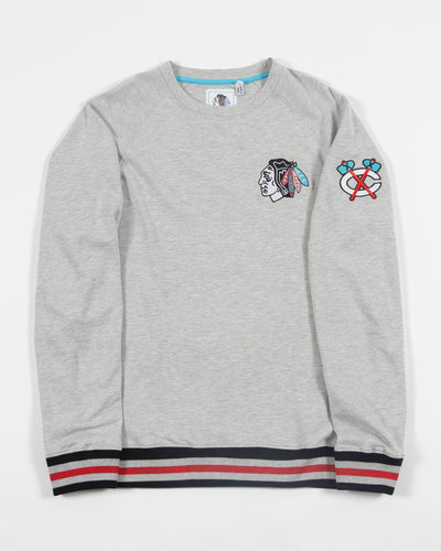 Sport Design Sweden grey crewneck with Chicago Blackhawks primary and secondary logos embroidered and black, grey and red ribbing on hem and cuffs - front lay flat