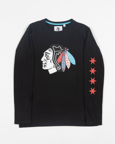Sport Design Sweden black long sleeve tee with Chicago Blackhawks primary logo across chest and Chicago four stars along left arm - front lay flat
