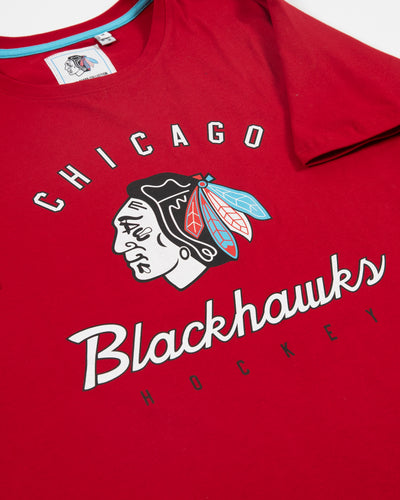 red Sport Design Sweden short sleeve tee with Chicago Blackhawks primary logo and wordmark graphic across front chest - detail lay flat