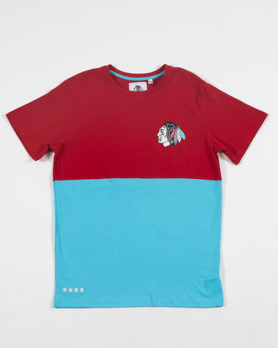 Sport Design Sweden colorblock short sleeve tee with Chicago Blackhawks primary logo on left chest and Chicago four stars embroidered on bottom left corner - front lay flat