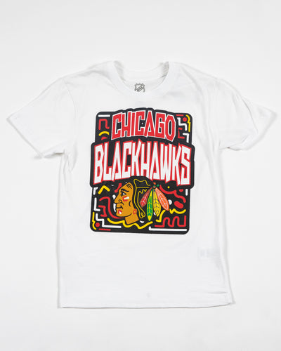Outerstuff youth tee with Chicago Blackhawks graphic primary logo and wordmark - front lay flat