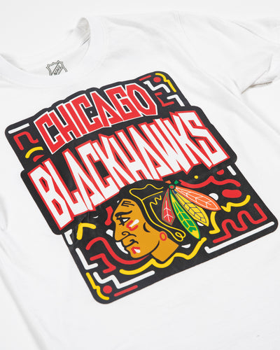 Outerstuff youth tee with Chicago Blackhawks graphic primary logo and wordmark - detail lay flat