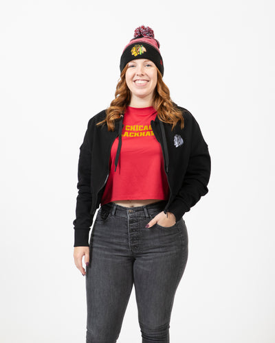 KADYLUXE Chicago Blackhawks black zip up cropped jacket - front view