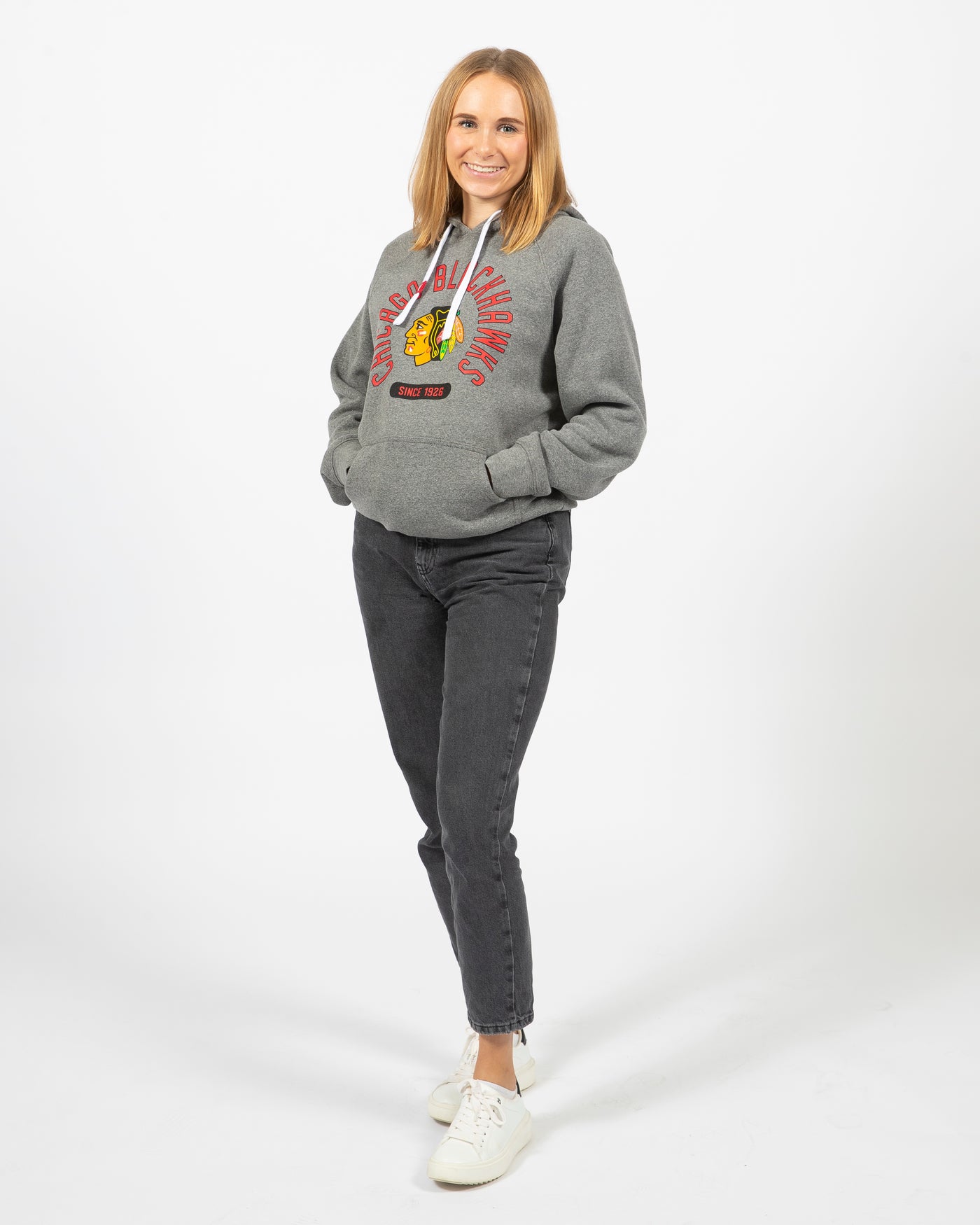 Sportiqe grey Chicago Blackhawks hoodie with primary logo and wordmark graphic on center chest - women's alt front view