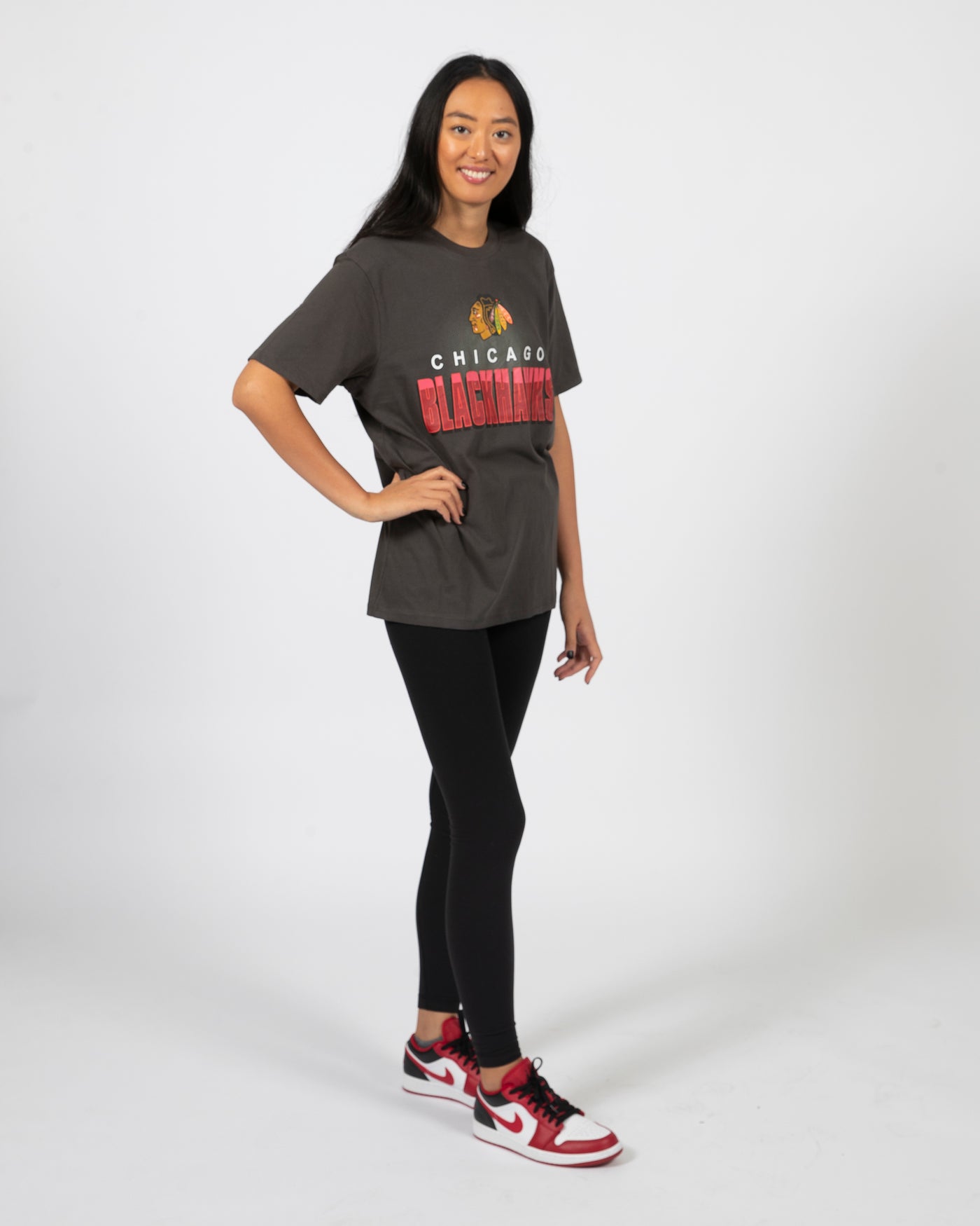 '47 Chicago Blackhawks gray tee with primary logo above name - side view