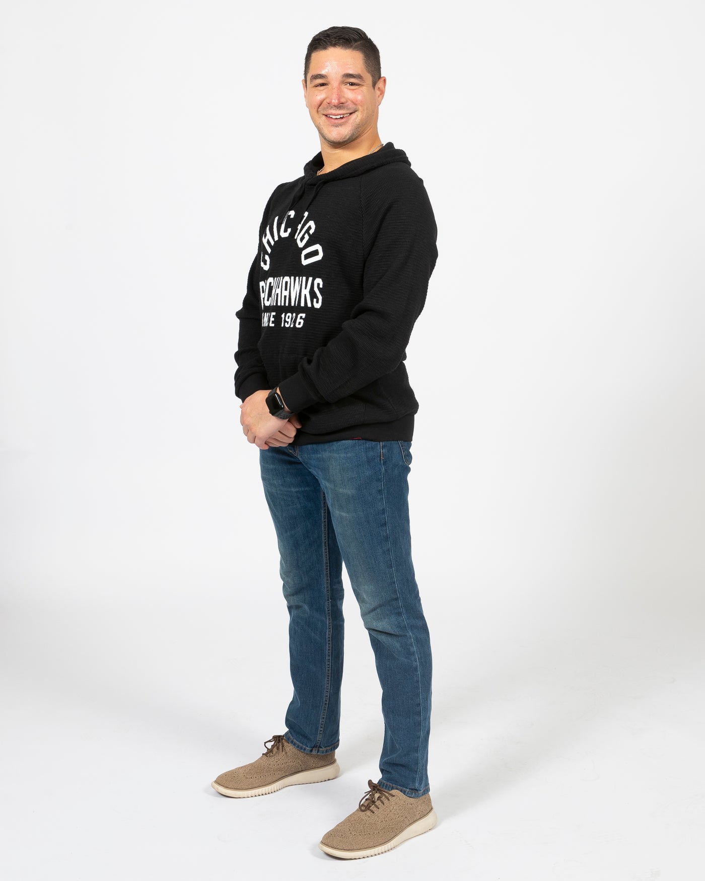 Sportiqe black Chicago Blackhawks wordmark hoodie - men's side view