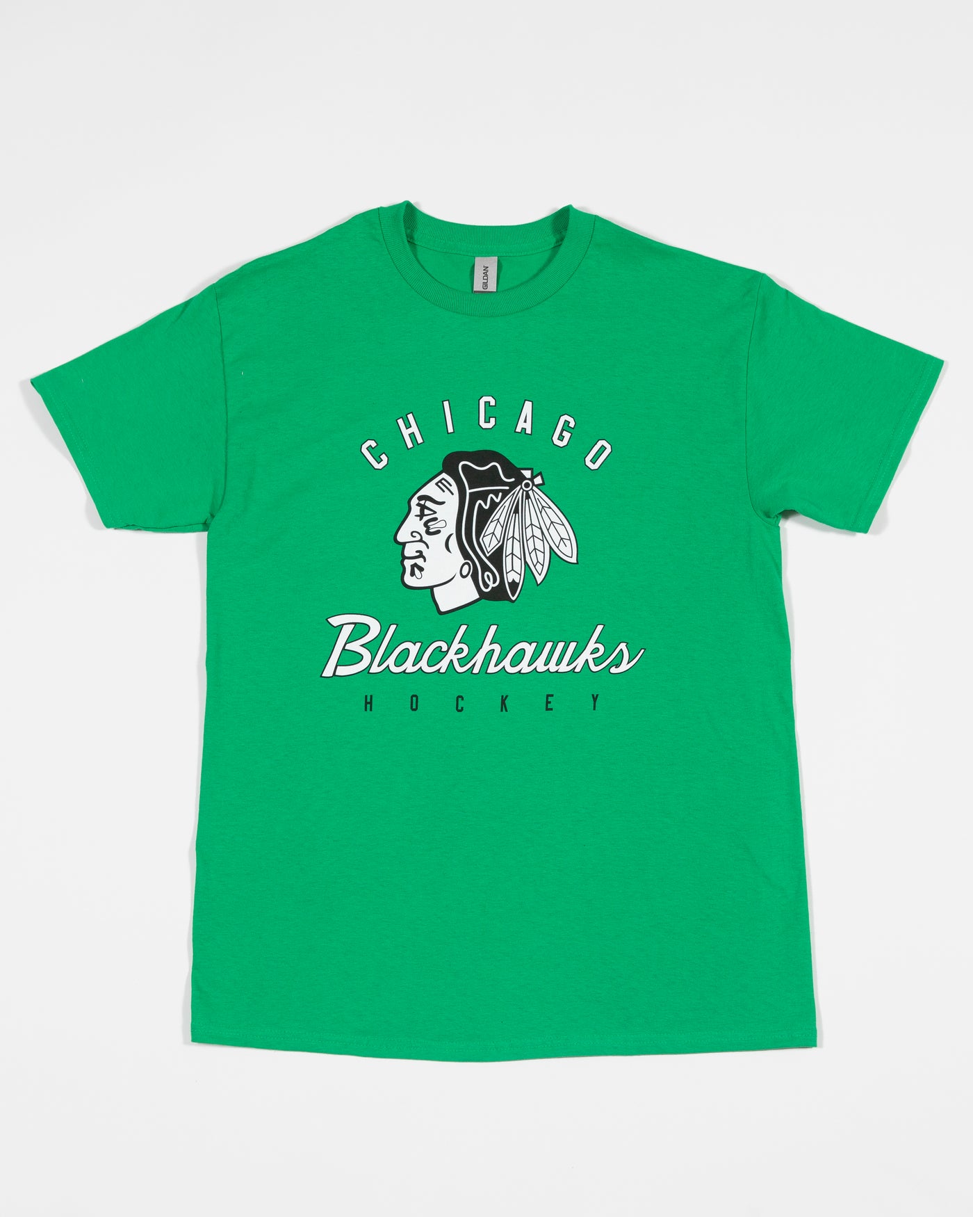 Green Chicago Blackhawks tee with black and white tonal primary logo and wordmark across chest - front lay flat